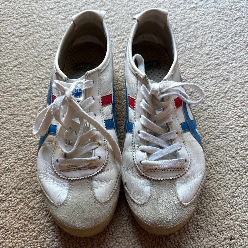Onitsuka Tiger by Asics White Sneakers with Blue and Red Stripes